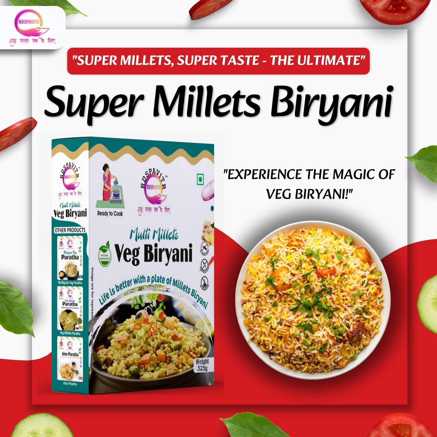 Multi Millets Veg Biryani | Biryani 300g, Biryani Seasoning 10g, Peanut Chutney 50g and Raita Boondi 40g | Rich in Fiber, Protein & Essential Nutrients | Ready To Cook Biryani