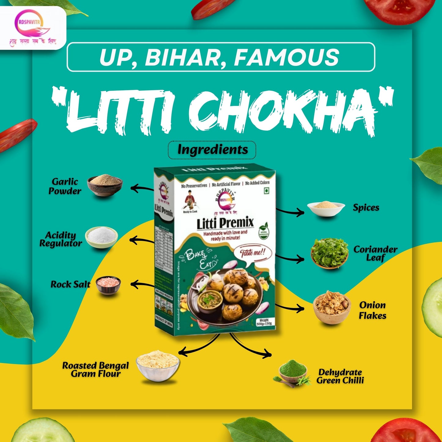 Litti Premix | Atta 200g, Sattu 80g, Chokha 70g and Peanut Chutney 50g | Taste of Bihar | Ready To Cook