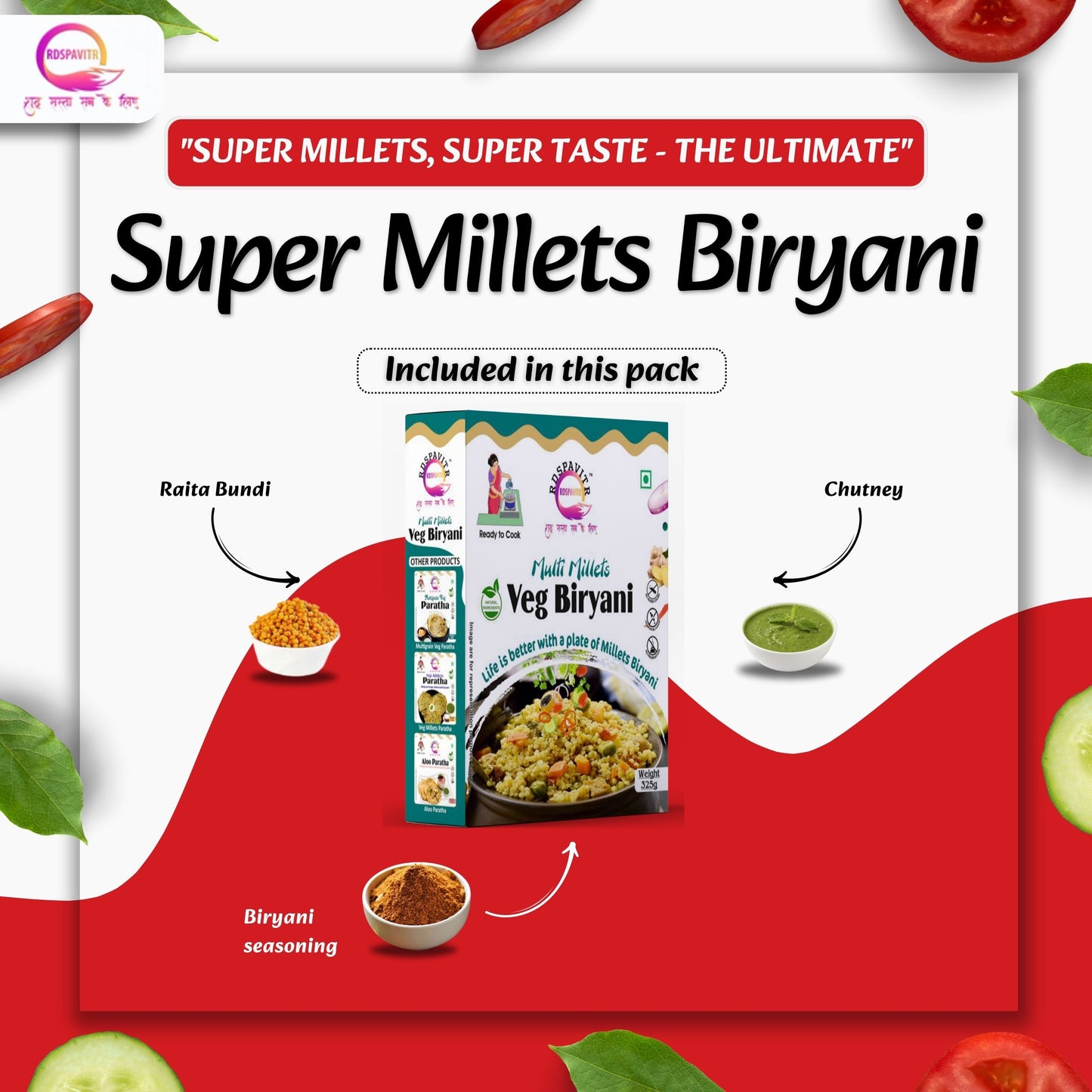 Multi Millets Veg Biryani | Biryani 300g, Biryani Seasoning 10g, Peanut Chutney 50g and Raita Boondi 40g | Rich in Fiber, Protein & Essential Nutrients | Ready To Cook Biryani