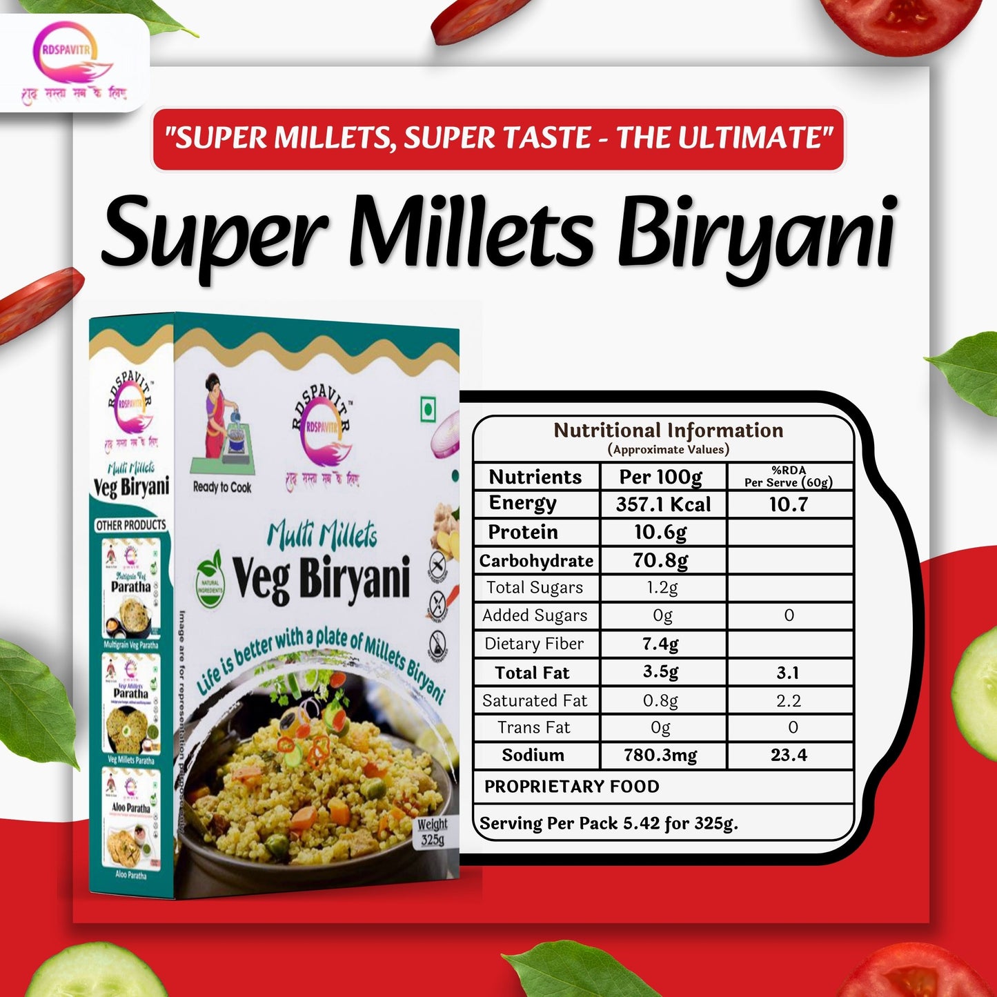 Multi Millets Veg Biryani | Biryani 300g, Biryani Seasoning 10g, Peanut Chutney 50g and Raita Boondi 40g | Rich in Fiber, Protein & Essential Nutrients | Ready To Cook Biryani