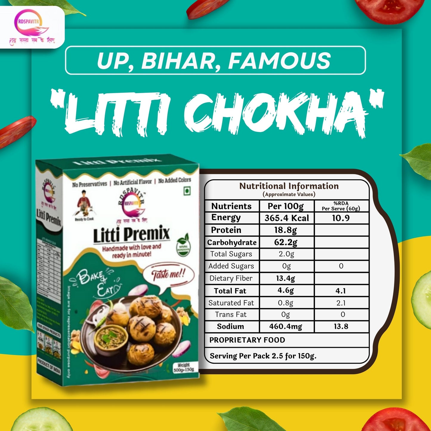 Litti Premix | Atta 200g, Sattu 80g, Chokha 70g and Peanut Chutney 50g | Taste of Bihar | Ready To Cook