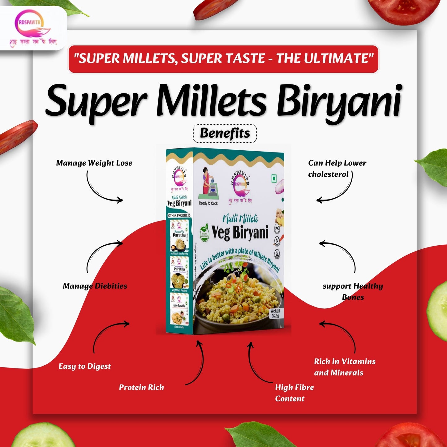 Multi Millets Veg Biryani | Biryani 300g, Biryani Seasoning 10g, Peanut Chutney 50g and Raita Boondi 40g | Rich in Fiber, Protein & Essential Nutrients | Ready To Cook Biryani